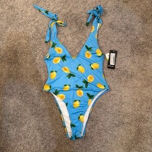 Nasty Gal Blue & Yellow Lemon Print One Piece Swimsuit